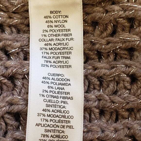 Chico's Sleeveless Open Front Taupe Sweater Vest w/ Faux Fur Collar, Size 3 (XL) - Picture 10 of 12